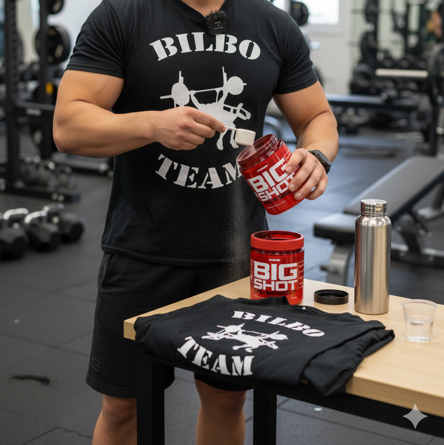 BilboTeam con el bote de Big Shot - Pre-Workout Prozis
