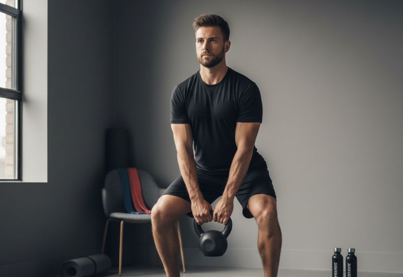 Hombre entrenando con pesas en casa en un entorno doméstico ordenado