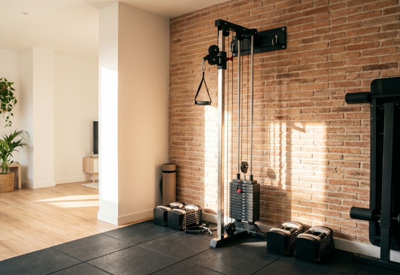 Una estación de polea funcional de pared compacta instalada en un gimnasio en casa con suelo de caucho negro, mancuernas ajustables de bloque y un banco de musculación plegado junto a una pared de ladrillo visto.